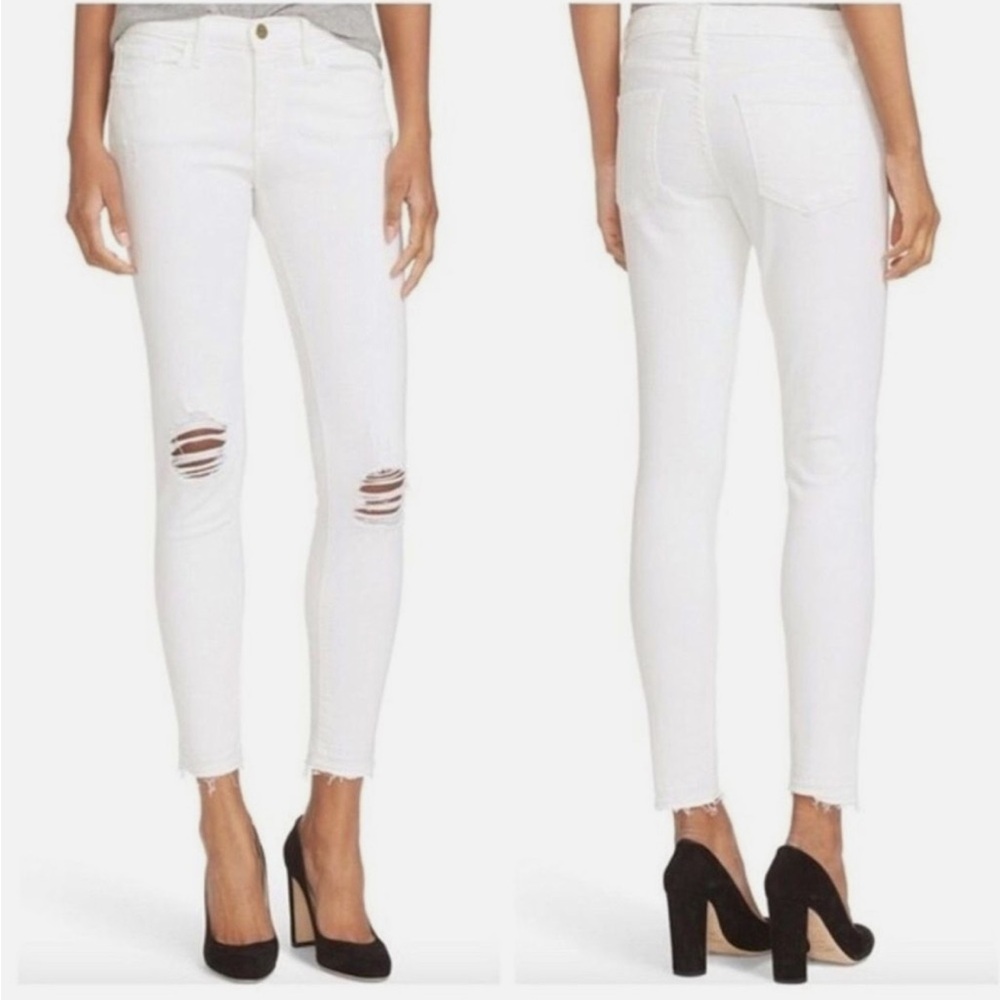 Frame Denim Le Skinny De Jeanne Crop White Ripped Raw Hem Skinny Jeans